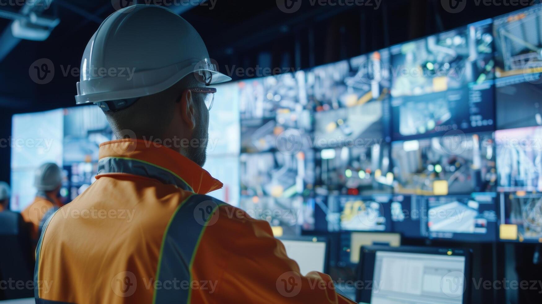 A group of project managers is gathered in a control room closely monitoring the data and footage from the sensors and cameras on the construction site photo