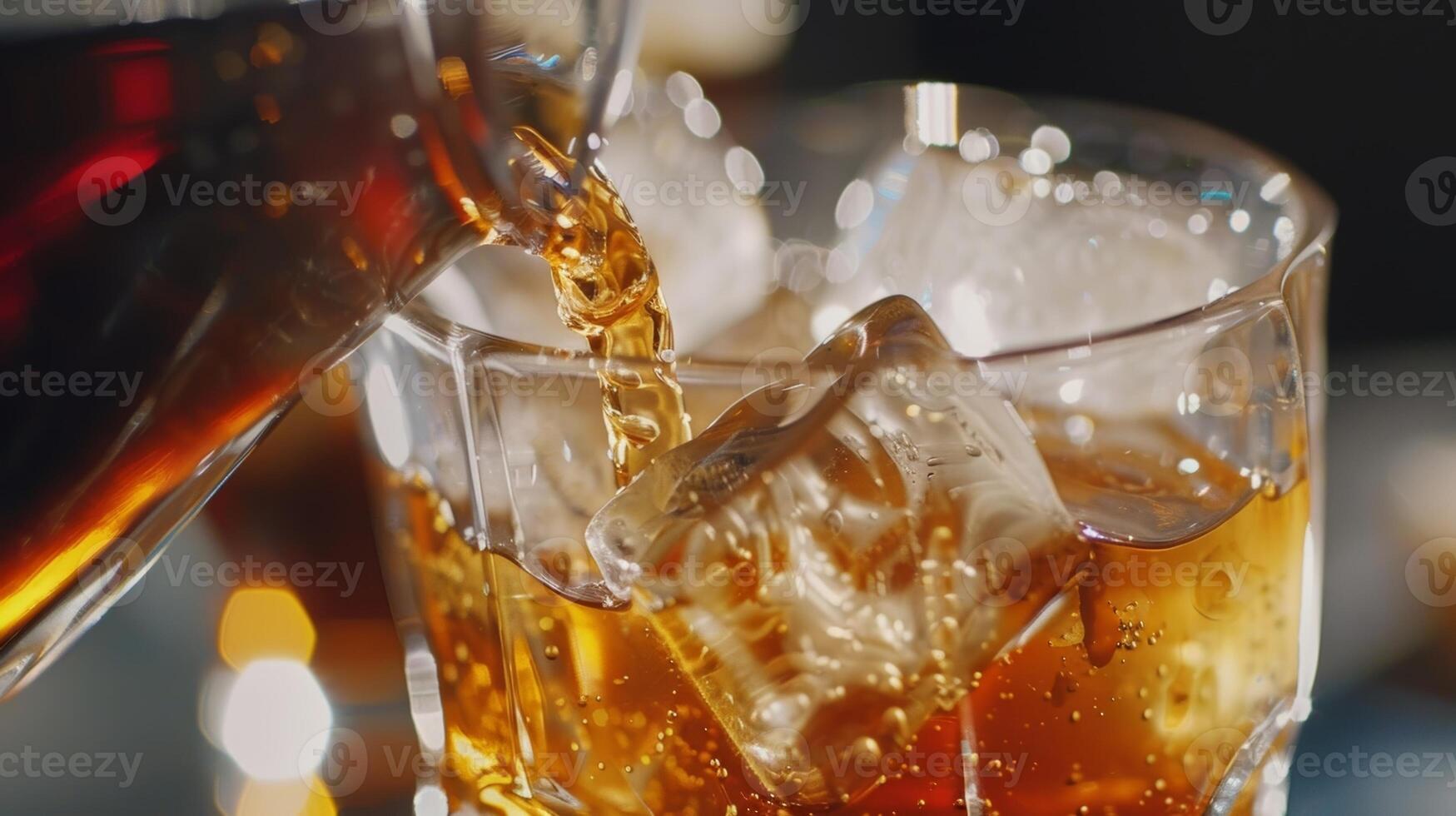 A closeup of a cold brew coffee being poured into a glass with ice cubes clinking together photo