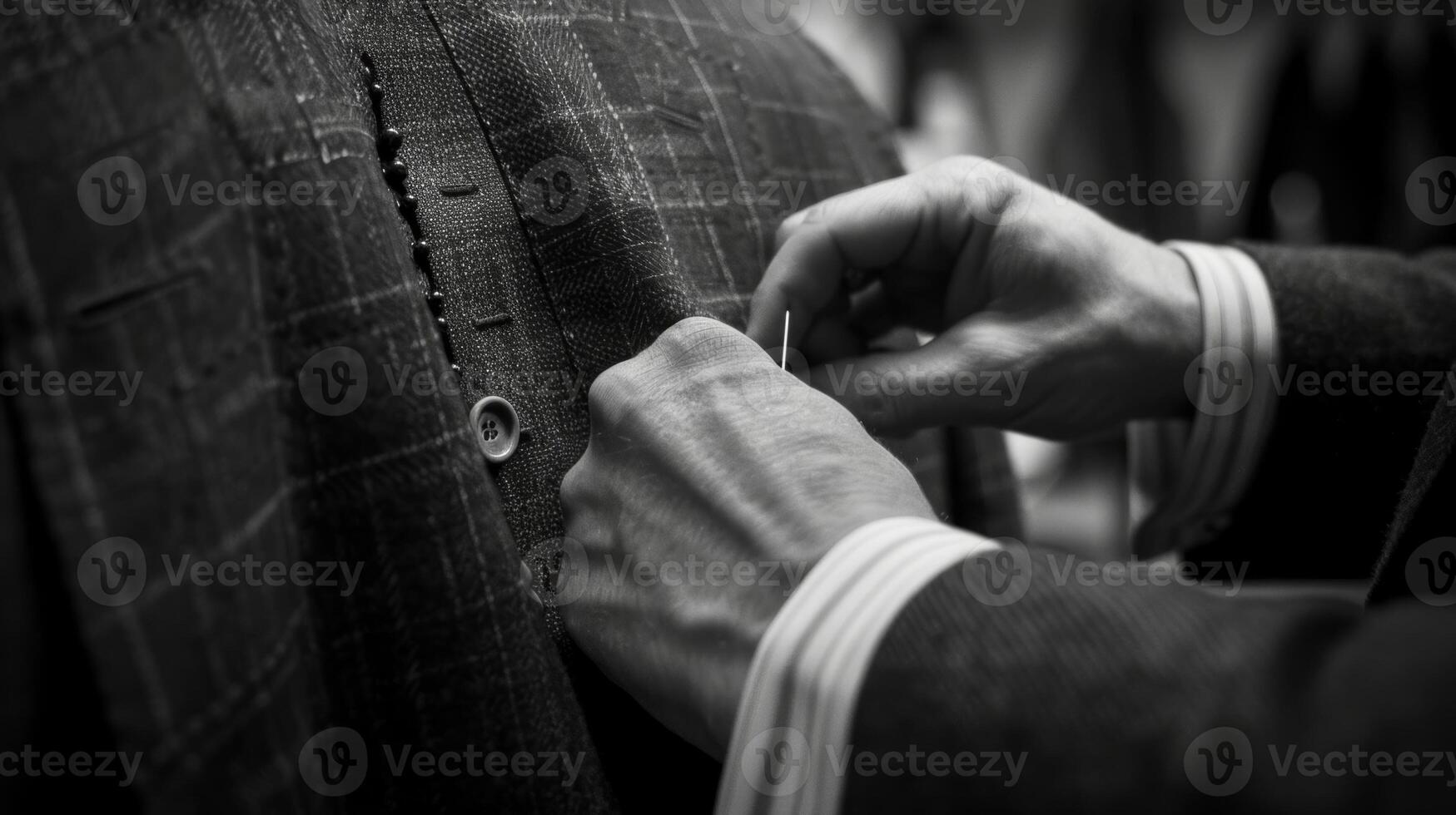 The tailor pins the fabric of a suit jacket to a mans shoulders ensuring a perfect fit photo