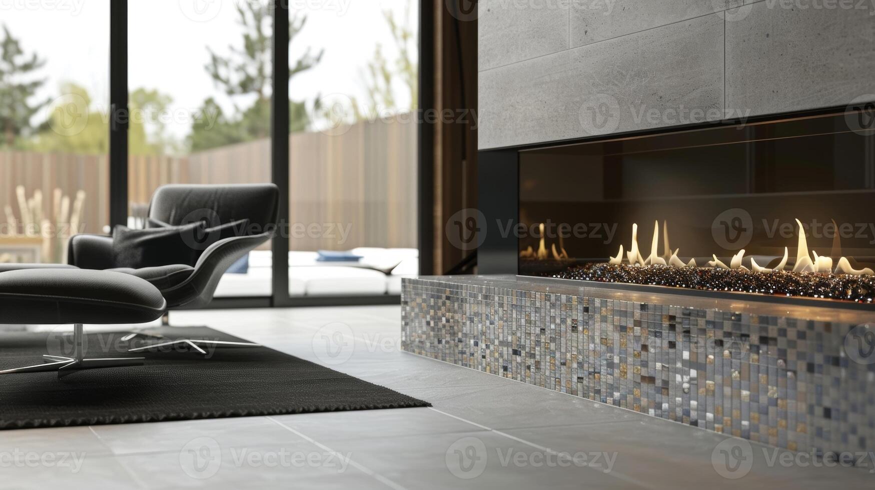 The fireplaces floating hearth is adorned with a bold mosaic design bringing a pop of color and texture to the minimalist room. 2d flat cartoon photo