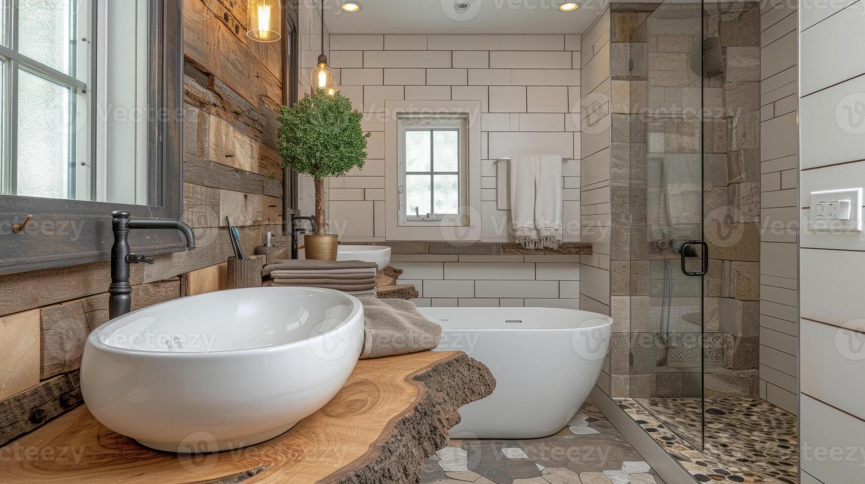 A bathroom with a log vanity adding a rustic touch to the modern design photo