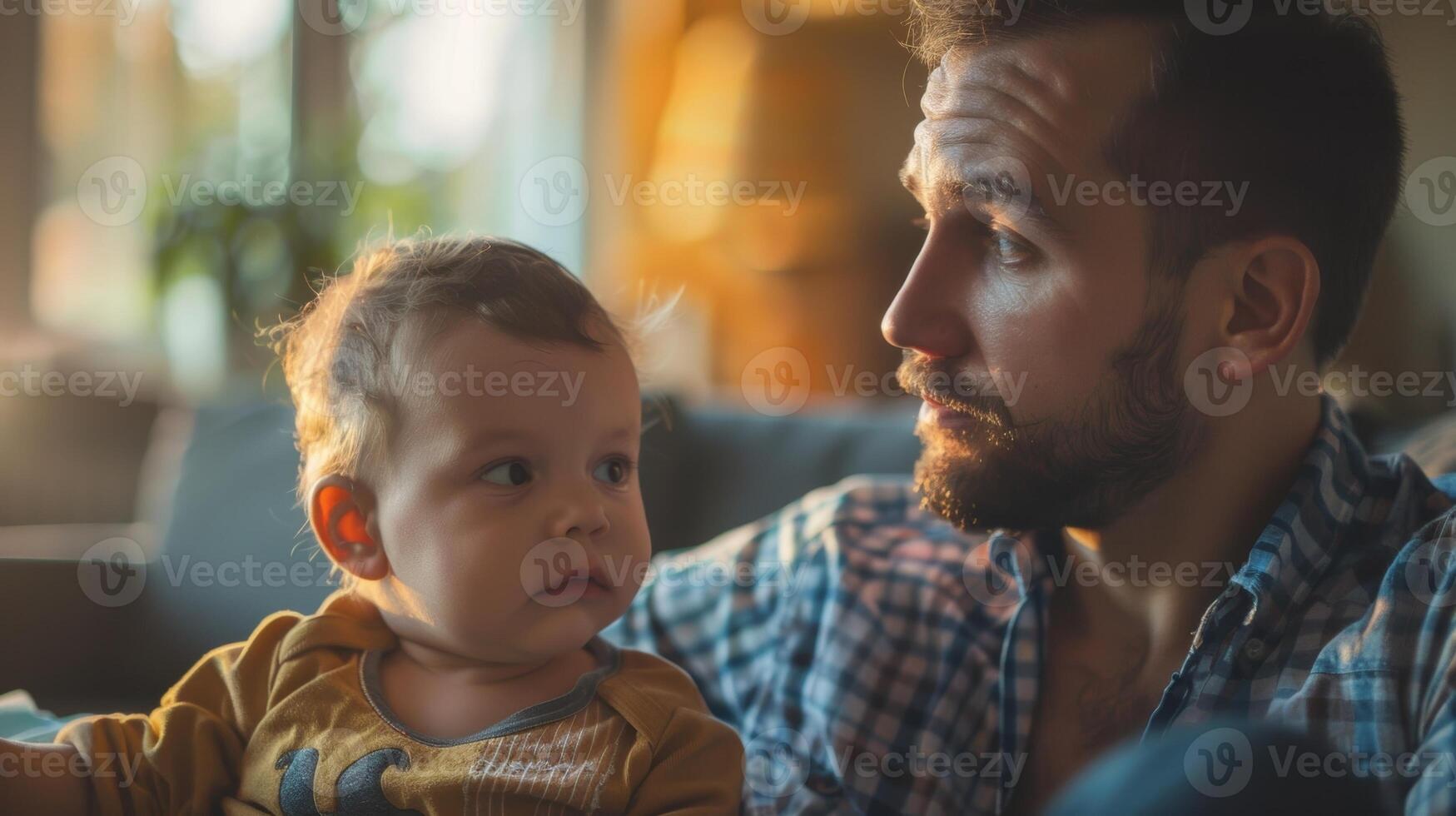 A man practices deep breathing exercises with his child teaching them how to cope with big emotions in a healthy way photo
