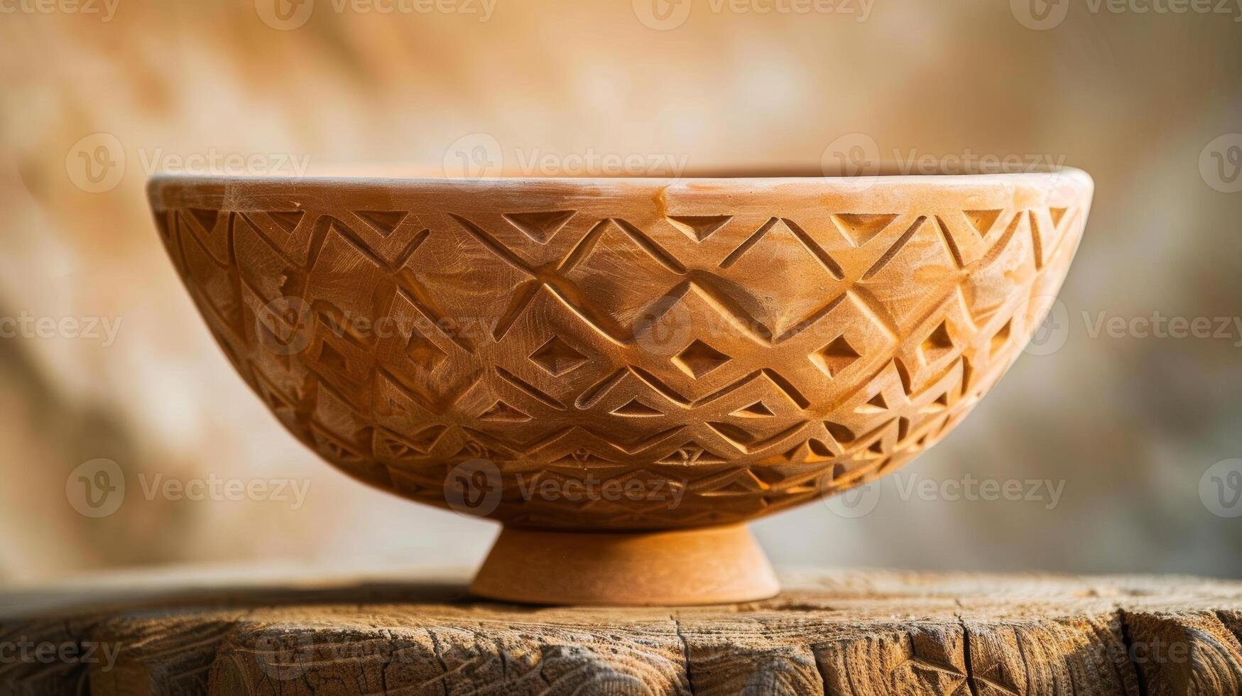 A photo of a finished embossed clay bowl with an intricate geometric design covering its surface emphasizing the ornamental and decorative appeal of embossing techniques.
