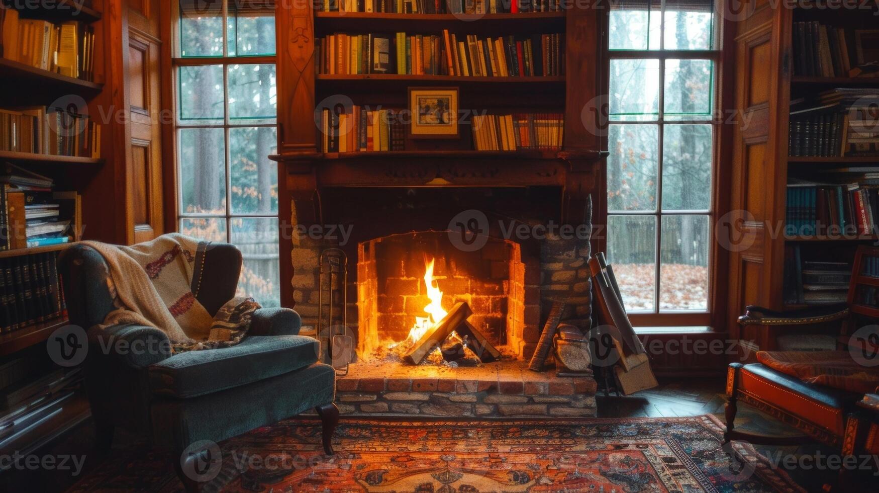 The warmth of the fireplace makes it the ideal spot to escape to on a chilly day and get lost in a good book. 2d flat cartoon photo