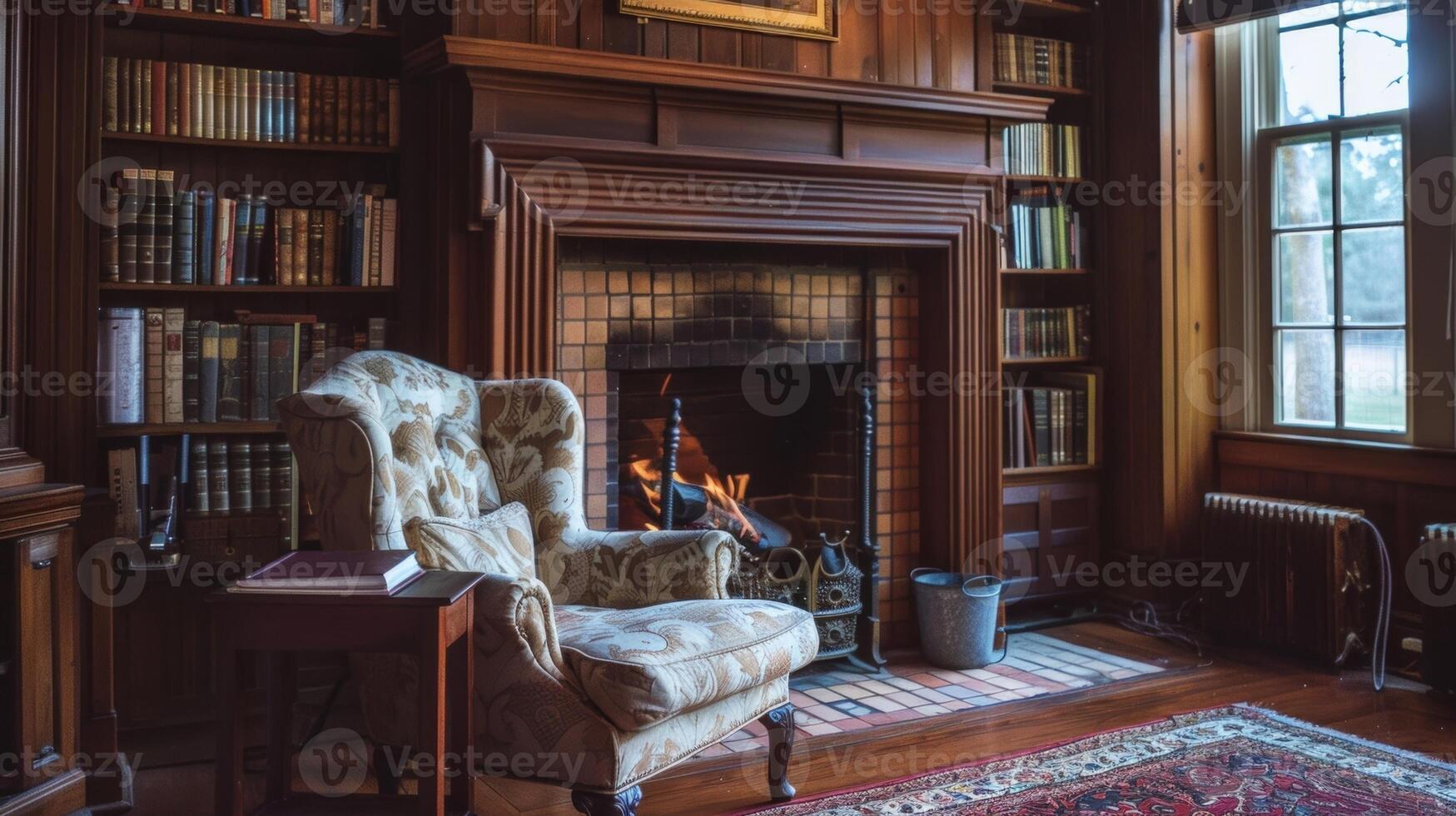 A plush reading chair sits in front of the fireplace inviting guests to take a break and dive into their next literary adventure. 2d flat cartoon photo