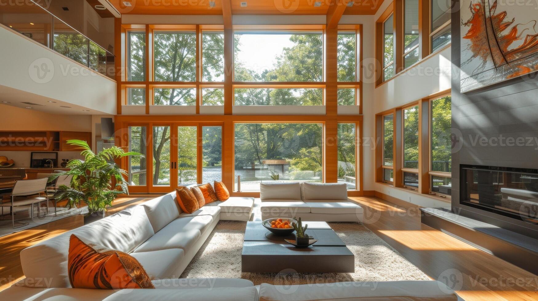 An inviting living room in an ecofriendly home featuring large windows that flood the space with natural light and energyefficient LED lighting fixtures photo