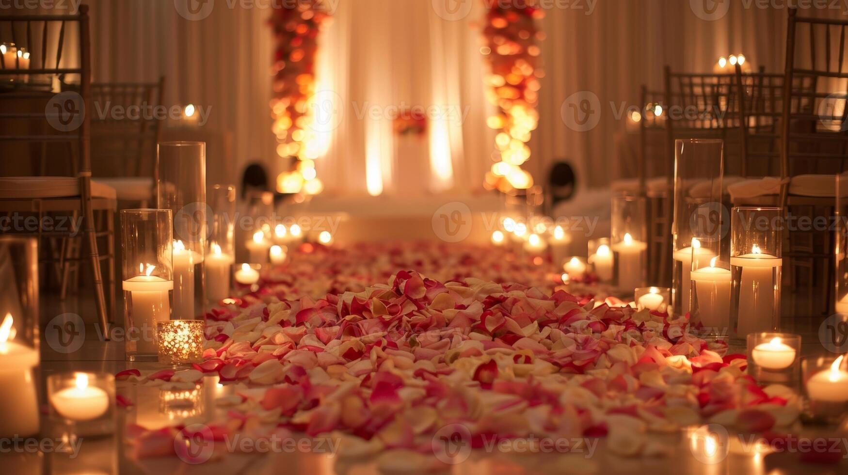 Delicate flower petals and glowing candles decorate the stage setting the scene for a magical evening. 2d flat cartoon photo
