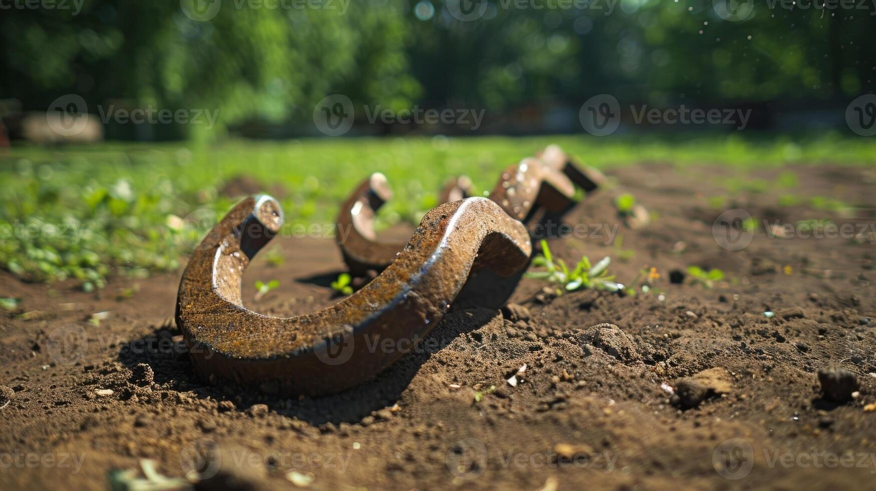 A game of horseshoes is set up nearby with players tossing the metal shoes with precision and friendly competitiveness photo