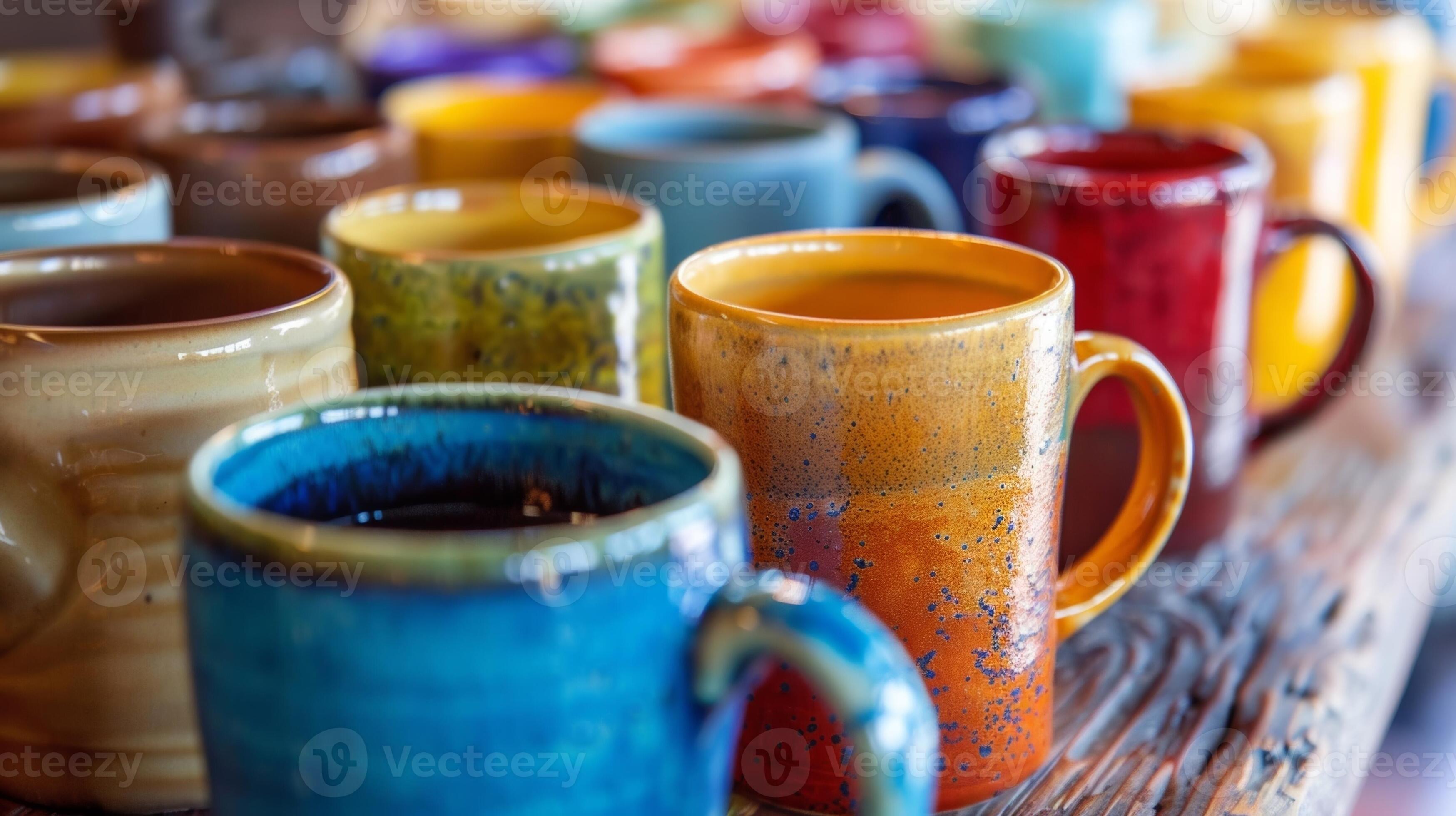 A lineup of colorful mugs each one showcasing a different type of