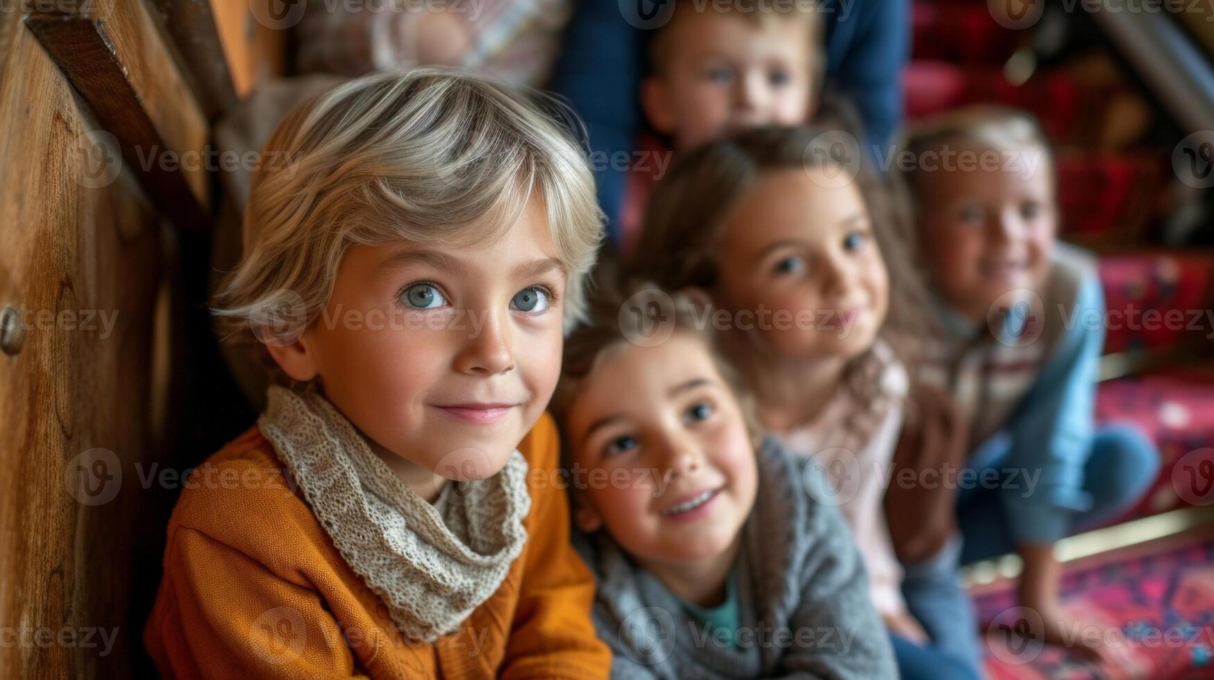 A group of grandchildren eagerly waiting for their grandparent to join them upstairs with a stair lift providing a safe and easy way to do so photo