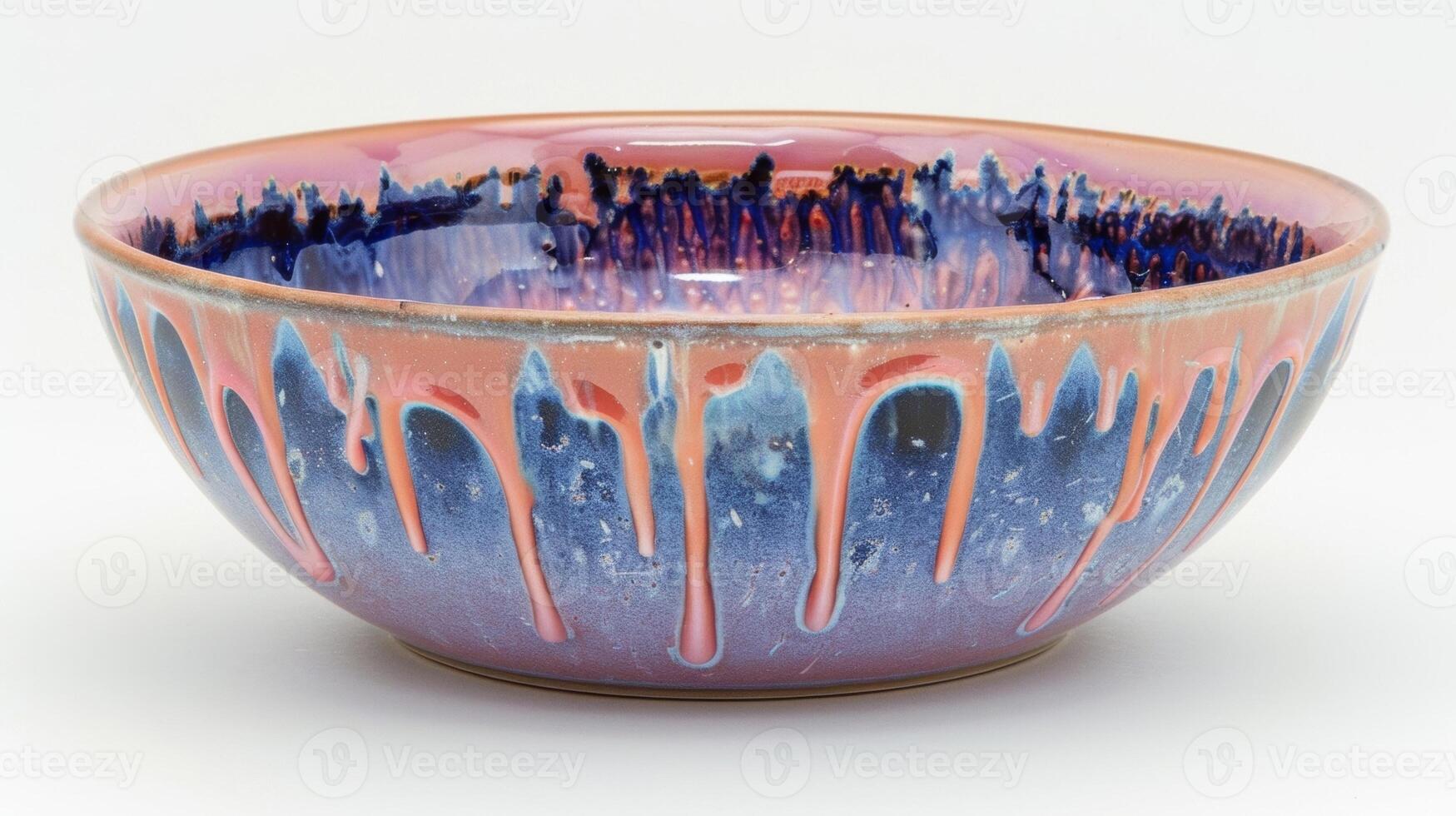 A closer look at a bowl with a glossy dripping glaze in shades of pink purple and blue resembling a watercolor painting created through soda firing. photo