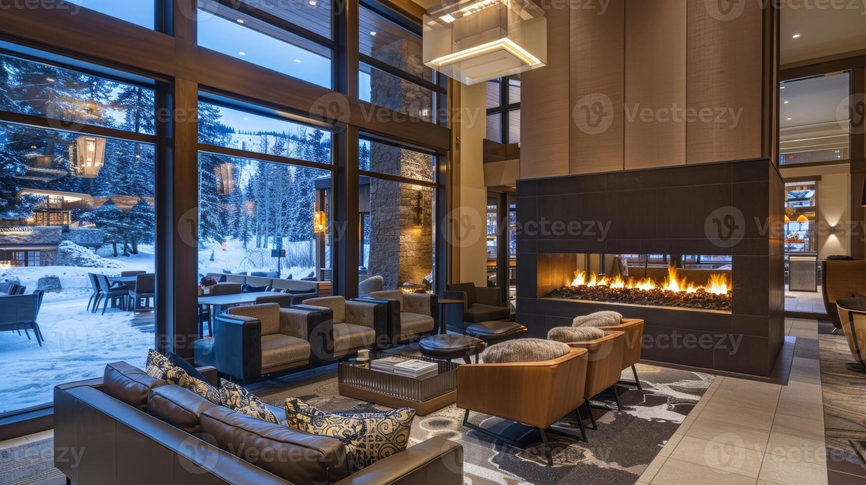 Guests can enjoy the warmth of the fireplace in the lobby corner while sipping on a hot cup of tea or coffee from the nearby beverage station creating the ultimate cozy 2d flat cartoon photo
