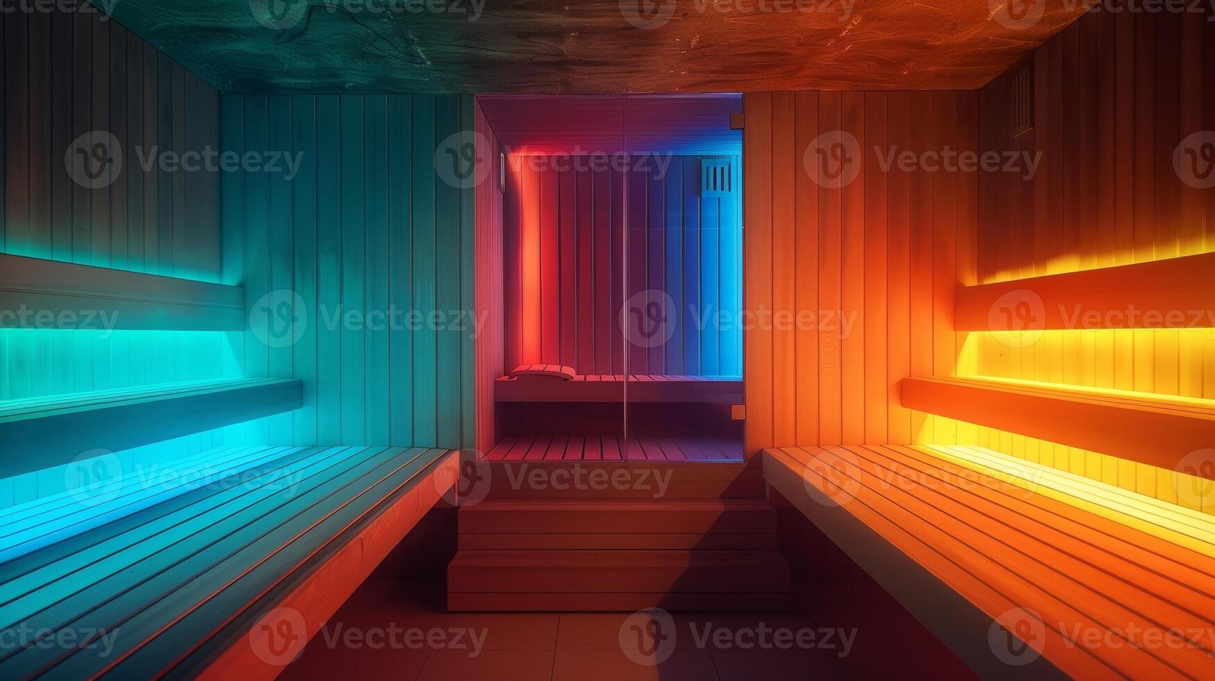 The sauna room gradually changing colors from warm oranges and reds to calming blues and greens. photo