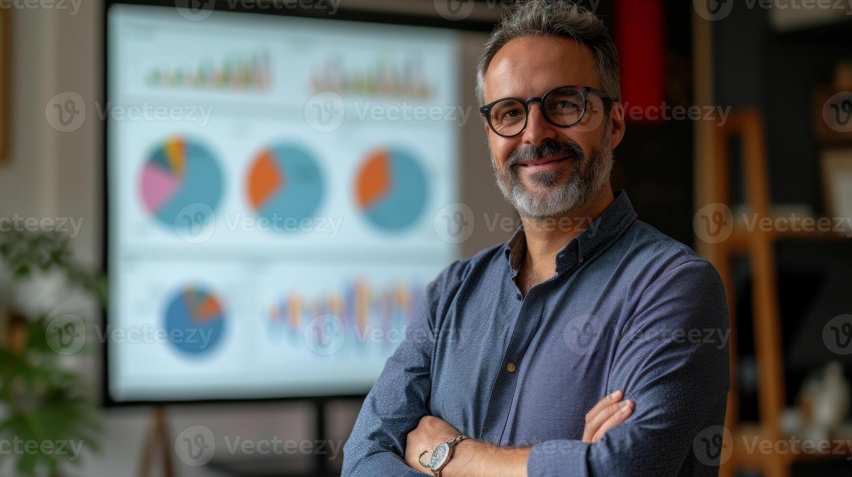 With a projector screen displaying graphs and charts behind him the presenter enthusiastically discusses smart investment options for those entering retirement photo