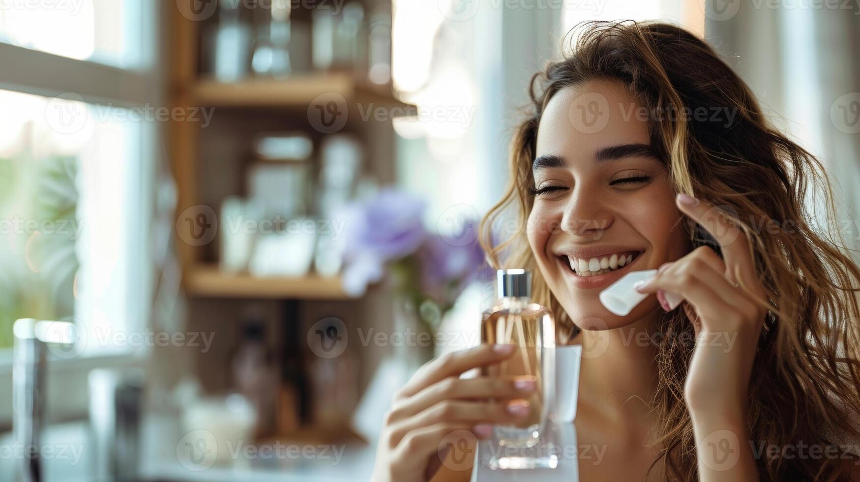 A woman sniffing a blotter paper holding her newly created perfume with a satisfied smile on her face photo