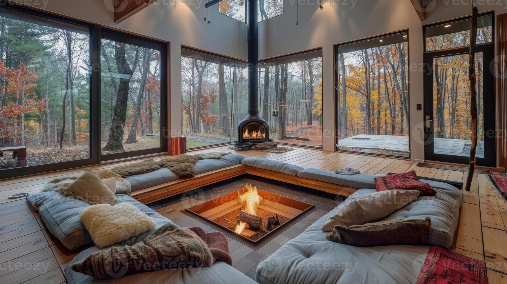 This sunken living room with a central fire is the perfect spot to curl up with a book on a chilly day. 2d flat cartoon photo