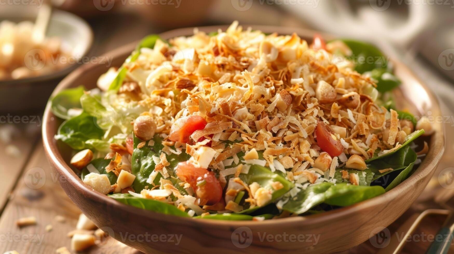 Crunchy coconut flakes and toasted macadamia nuts offer a unique island twist on traditional salad toppings photo