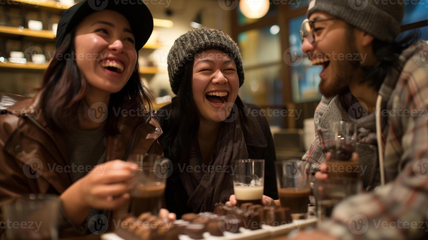 A group of friends laugh and chatter as they enjoy a chocolate tasting experience each one finding a new favorite a the selection of artisan chocolates photo