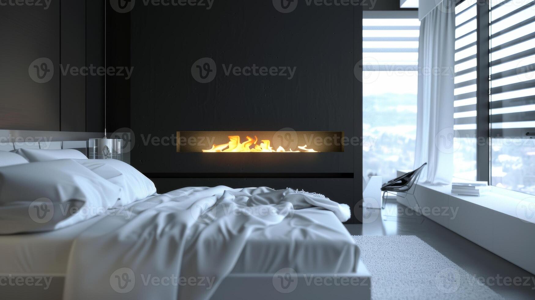 A sleek minimalist bedroom with a stunning wallmounted bioethanol fireplace adding both warmth and ambiance to the space. 2d flat cartoon photo