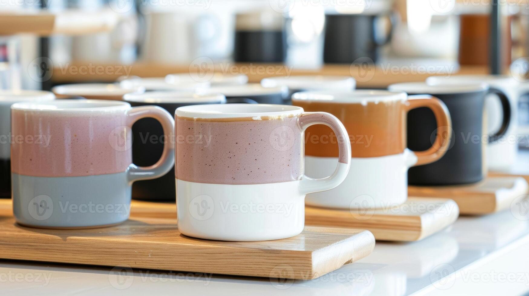 A display of ceramic coffee mugs with minimalist designs and smooth ergonomic handles perfect for enjoying a morning cup of joe. photo