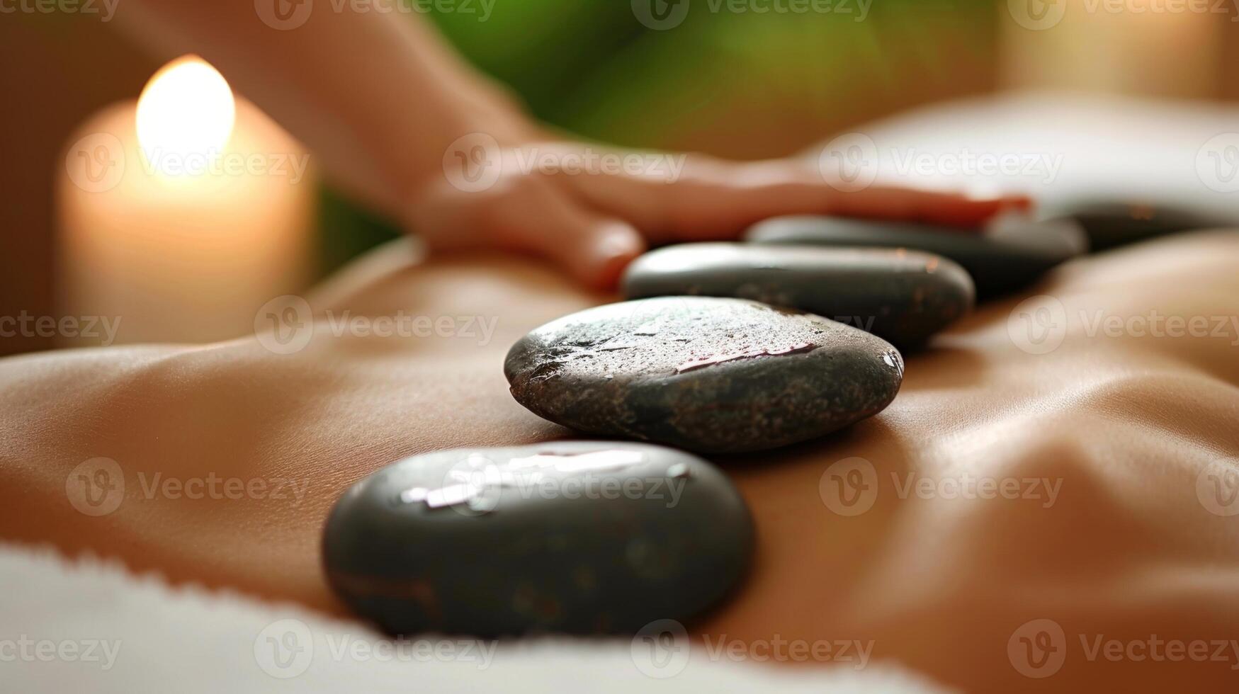 A massage the is using hot stones on a patients back after the patient has spent time in an infrared sauna releasing tension and promoting circulation. photo