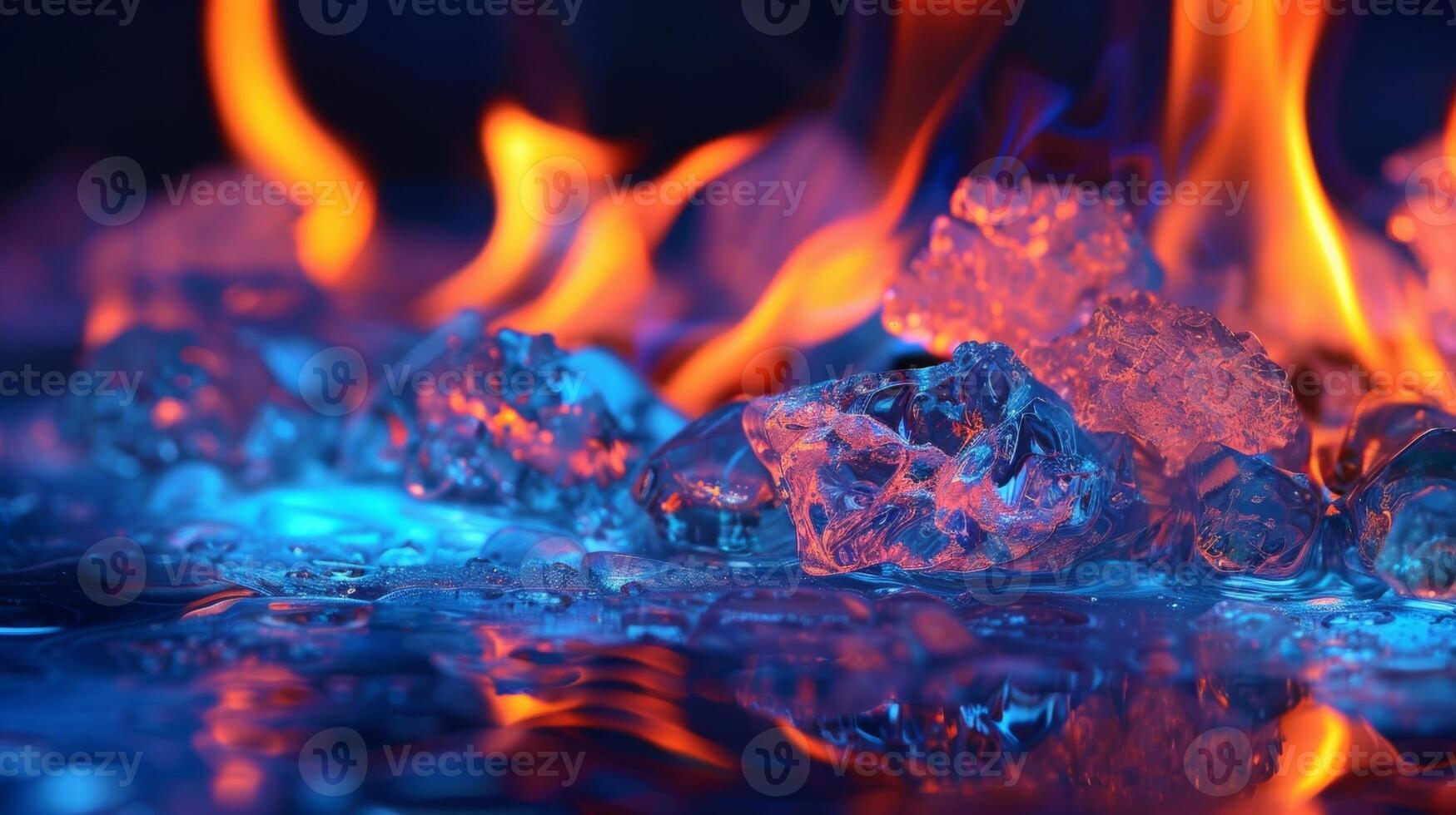 The mesmerizing dance of colors as the flames from the fire pit reflect off the crystalclear ice. 2d flat cartoon photo