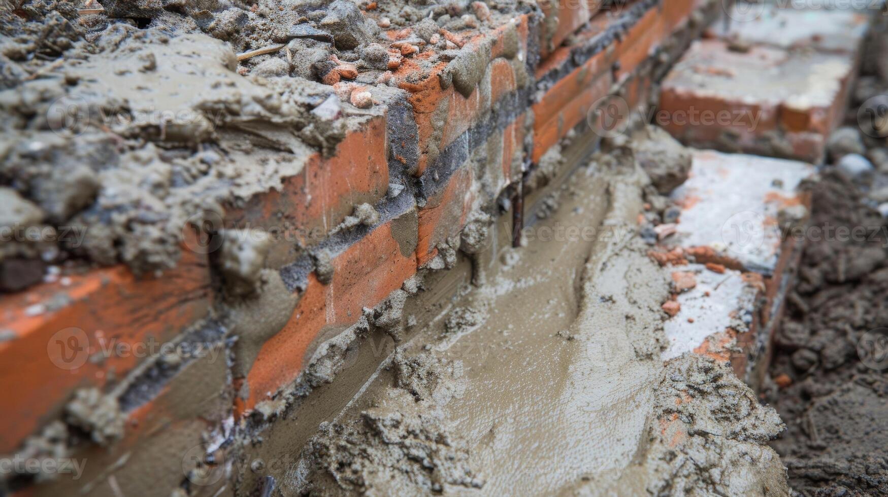 Thick creamy mortar being smoothly spread between each brick creating a strong and sy foundation photo