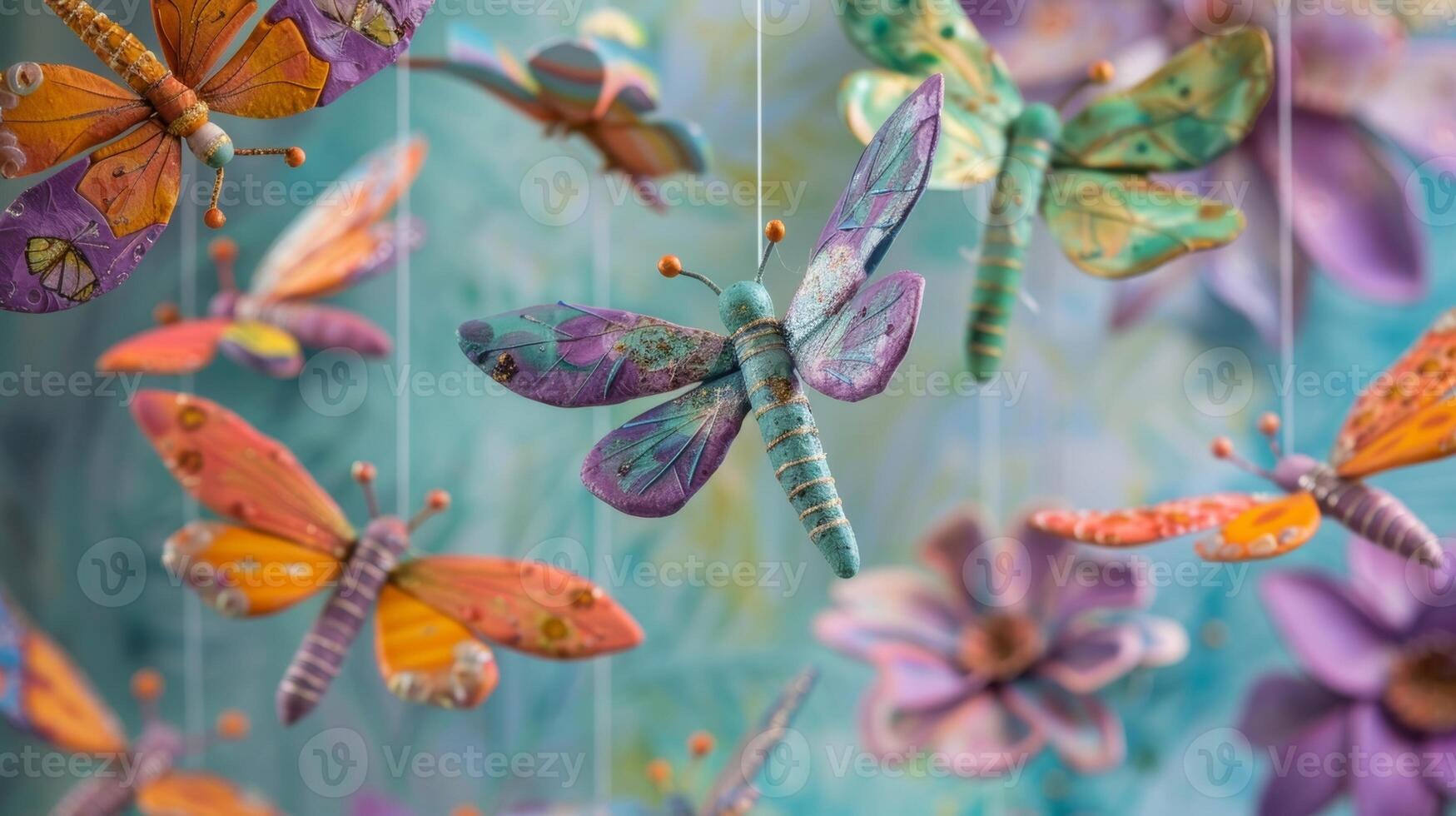 A colorful clay mobile featuring delicate butterflies and dragonflies evoking the feeling of a warm spring day in a blooming garden. photo