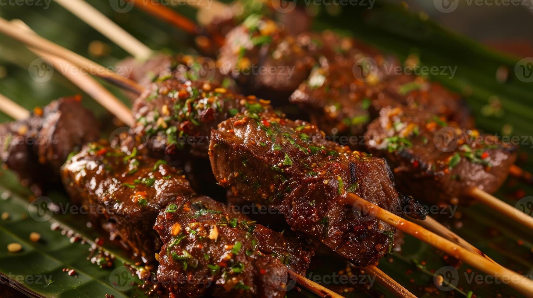Tender beef skewers marinated in a flavorful island rub served on a banana leaf for a unique presentation photo