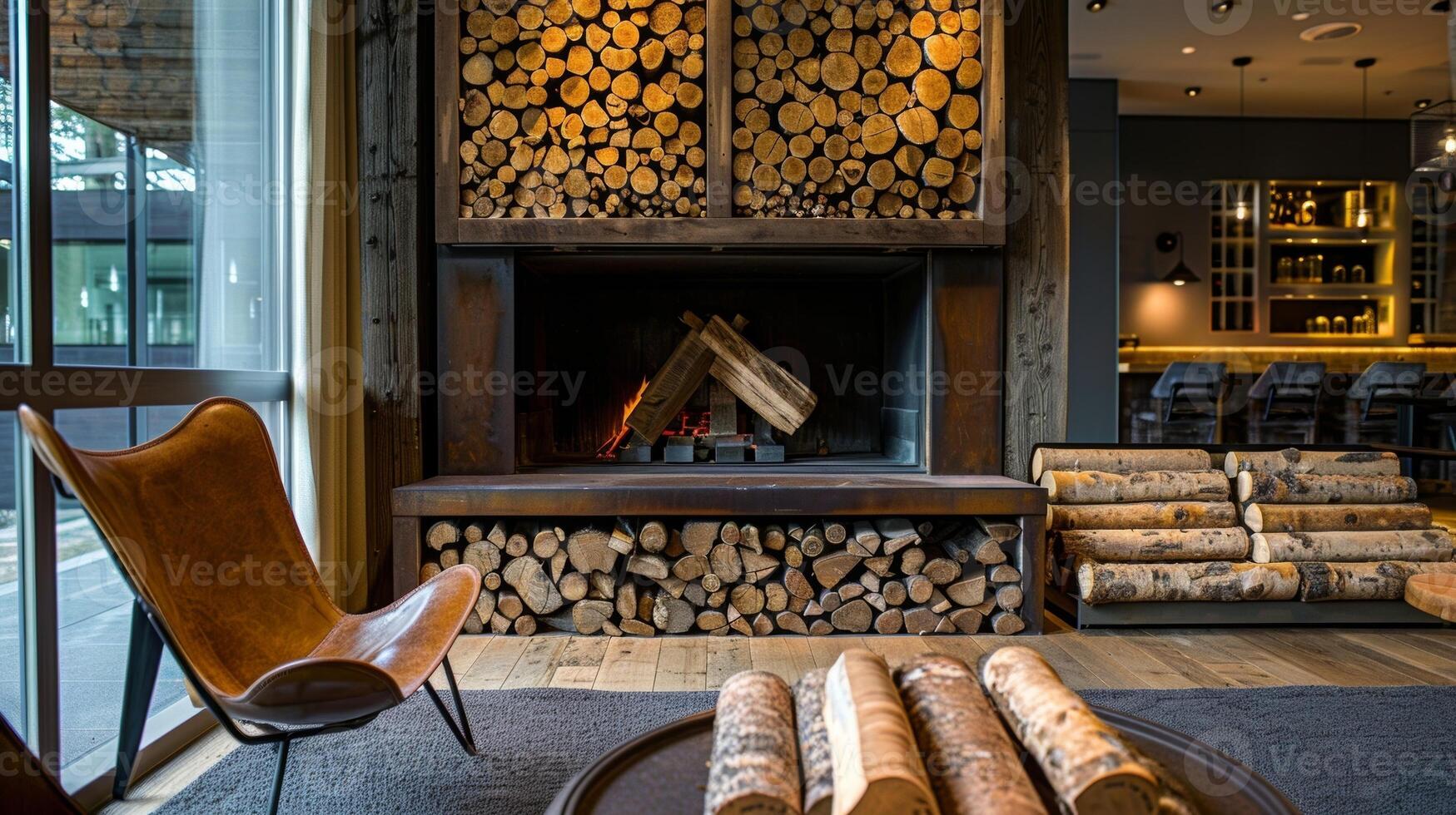 A stack of logs neatly arranged by the fireplace adds a rustic touch to the modern design of the boutique hotel lobby. 2d flat cartoon photo