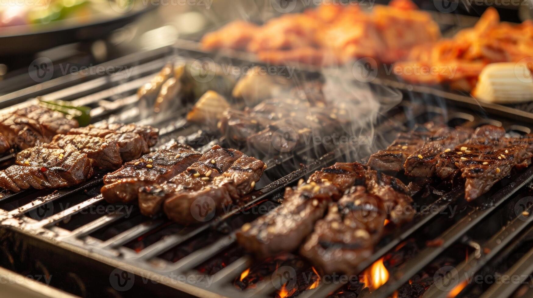 The air is filled with the mouthwatering aroma of sizzling meats and vegetables on the open grill. 2d flat cartoon photo
