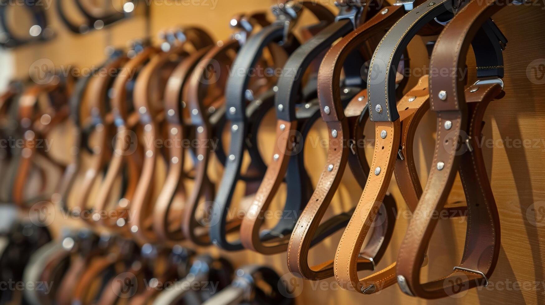 A display of different types of stirrups including traditional wooden and modern aluminum options photo