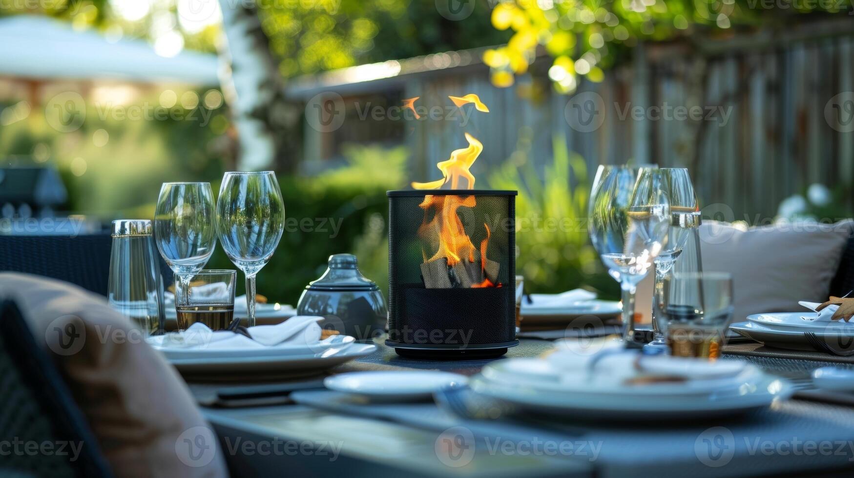 A sleek and modern tabletop fireplace sits atop the outdoor dining table providing both warmth and style. 2d flat cartoon photo