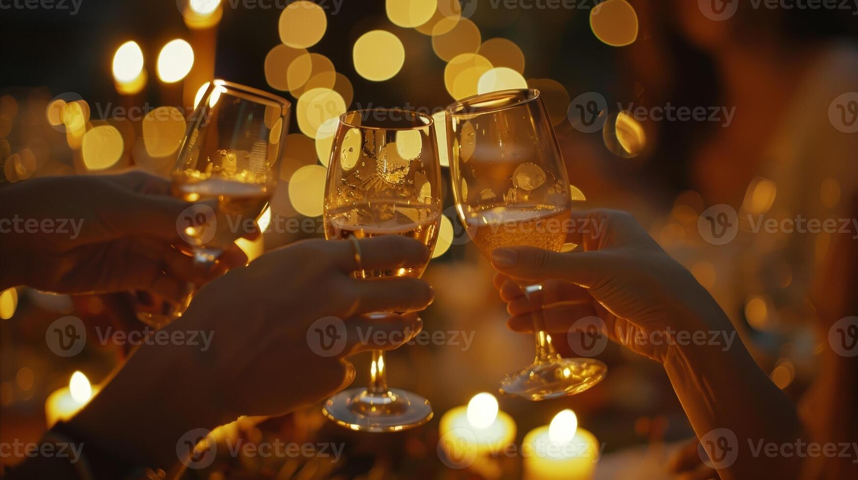 Guests sip on expertly crafted tails their glasses shimmering in the warm candlelight as they clink together in celebration. 2d flat cartoon photo