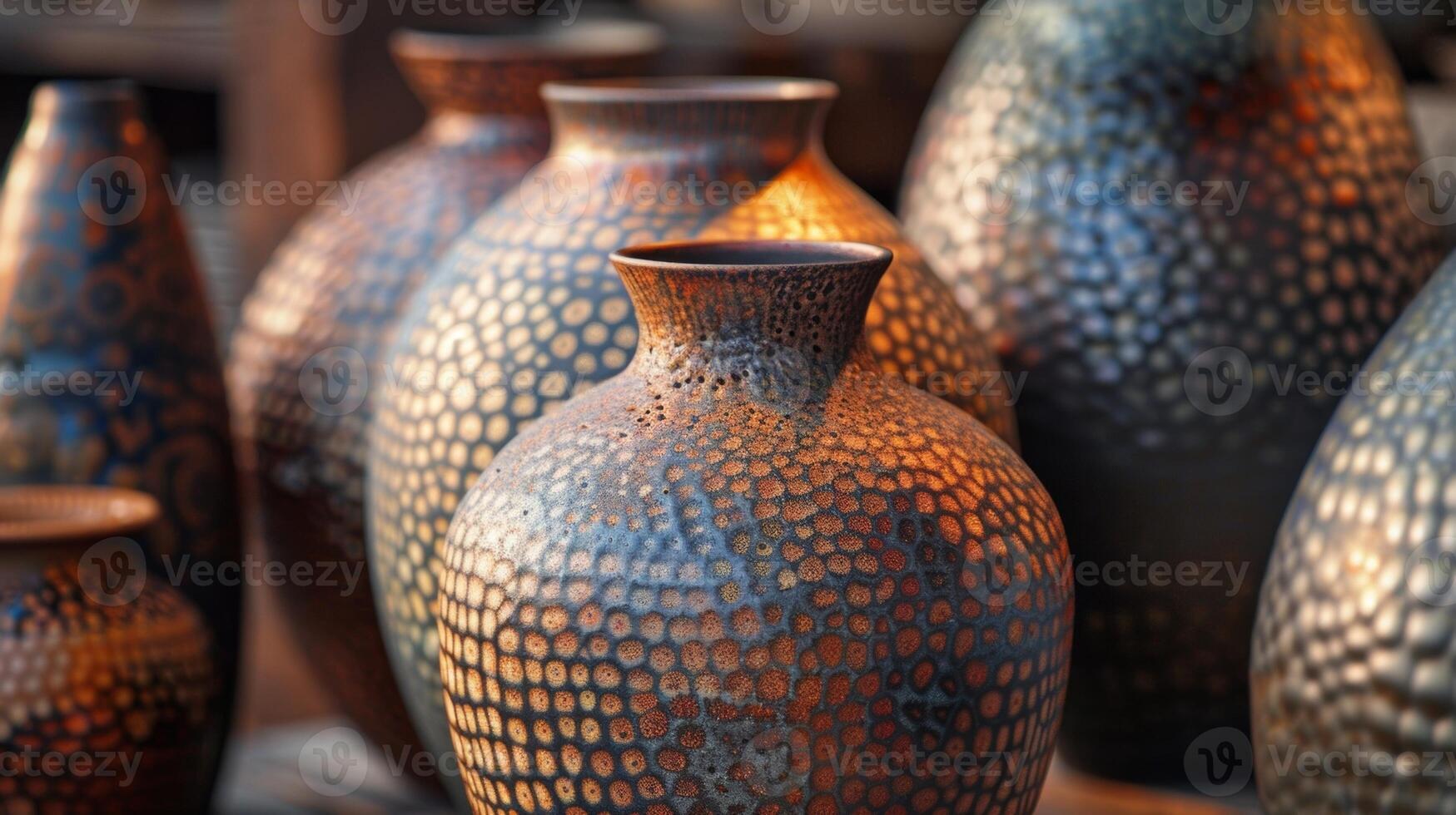 A selection of Rakufired vases on display each boasting its own unique pattern and texture a testament to the nature of this firing process. photo