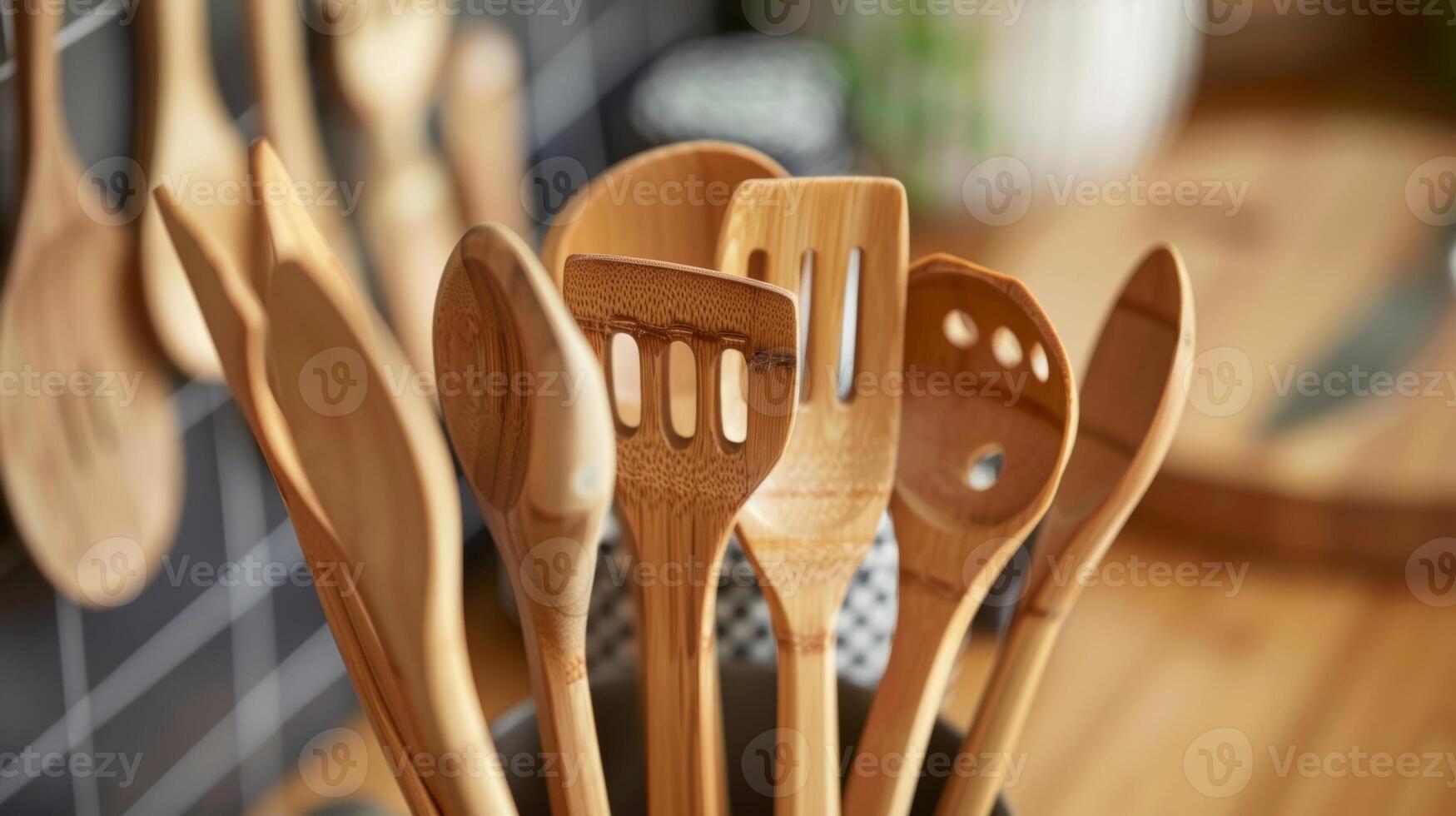 A set of functional yet stylish utensils made of sustainable bamboo adding a touch of ecofriendly flair to the kitchen photo