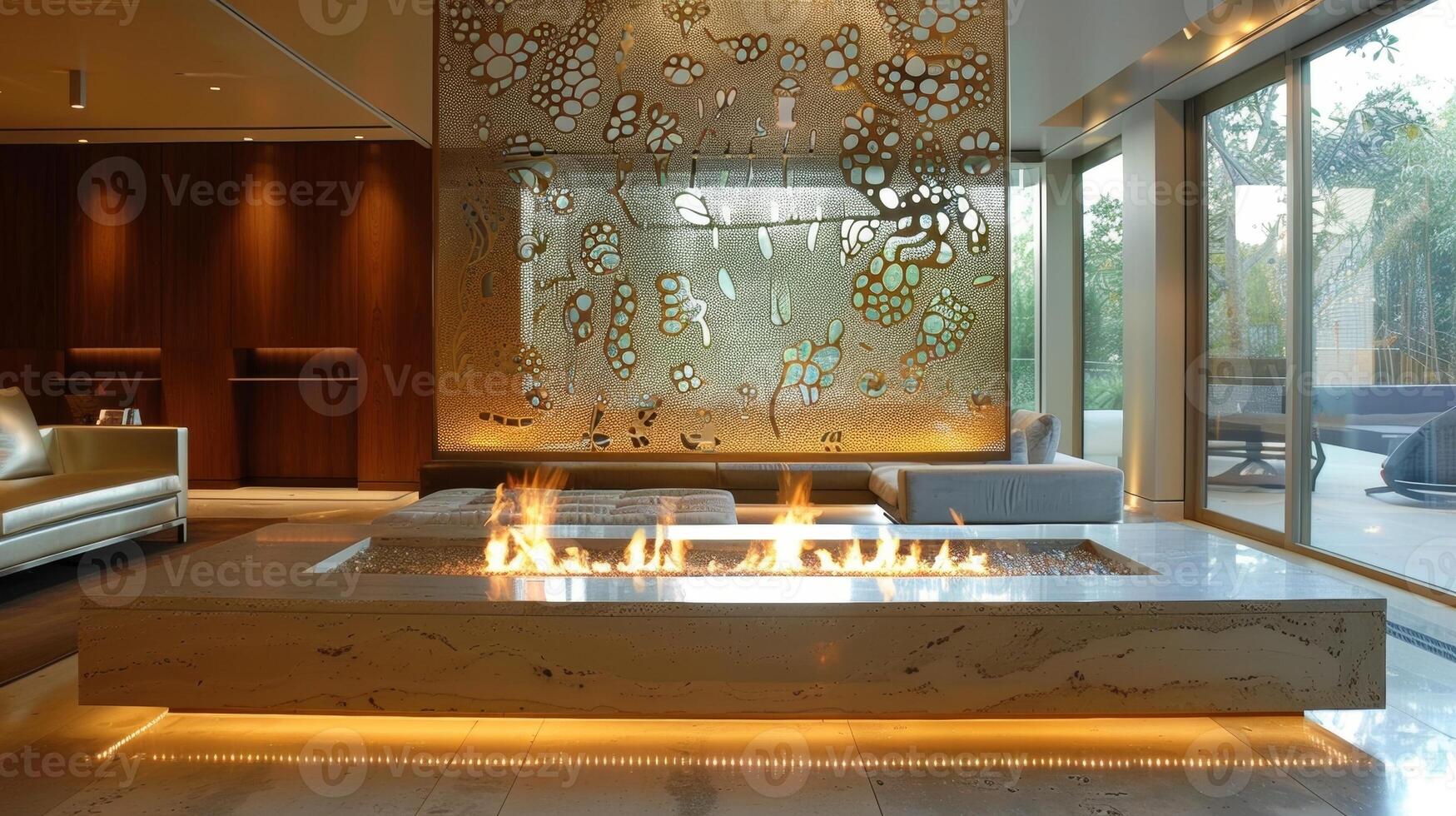A chic and modern sitting area boasts a stunning floortoceiling contemporary fireplace with a unique fire screen showcasing a natureinspired design. 2d flat cartoon photo