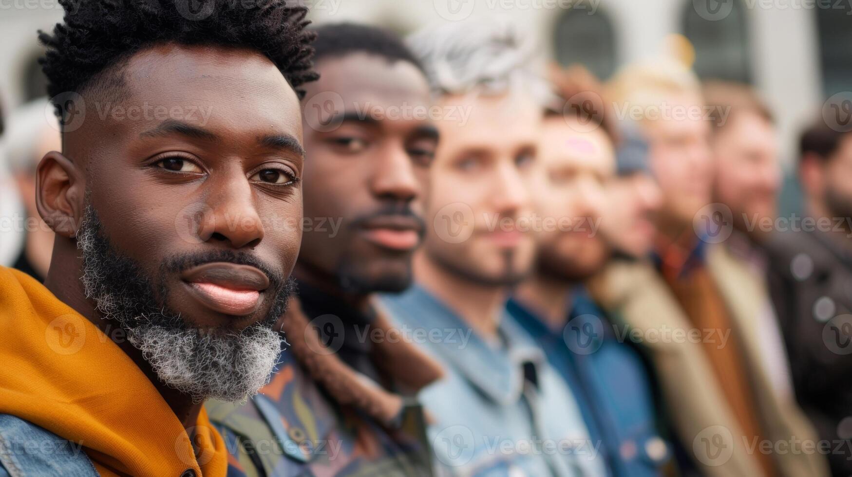 A group of men of varying ages and backgrounds gathered for a fashion show featuring diverse and inclusive looks celebrating the beauty of diversity photo