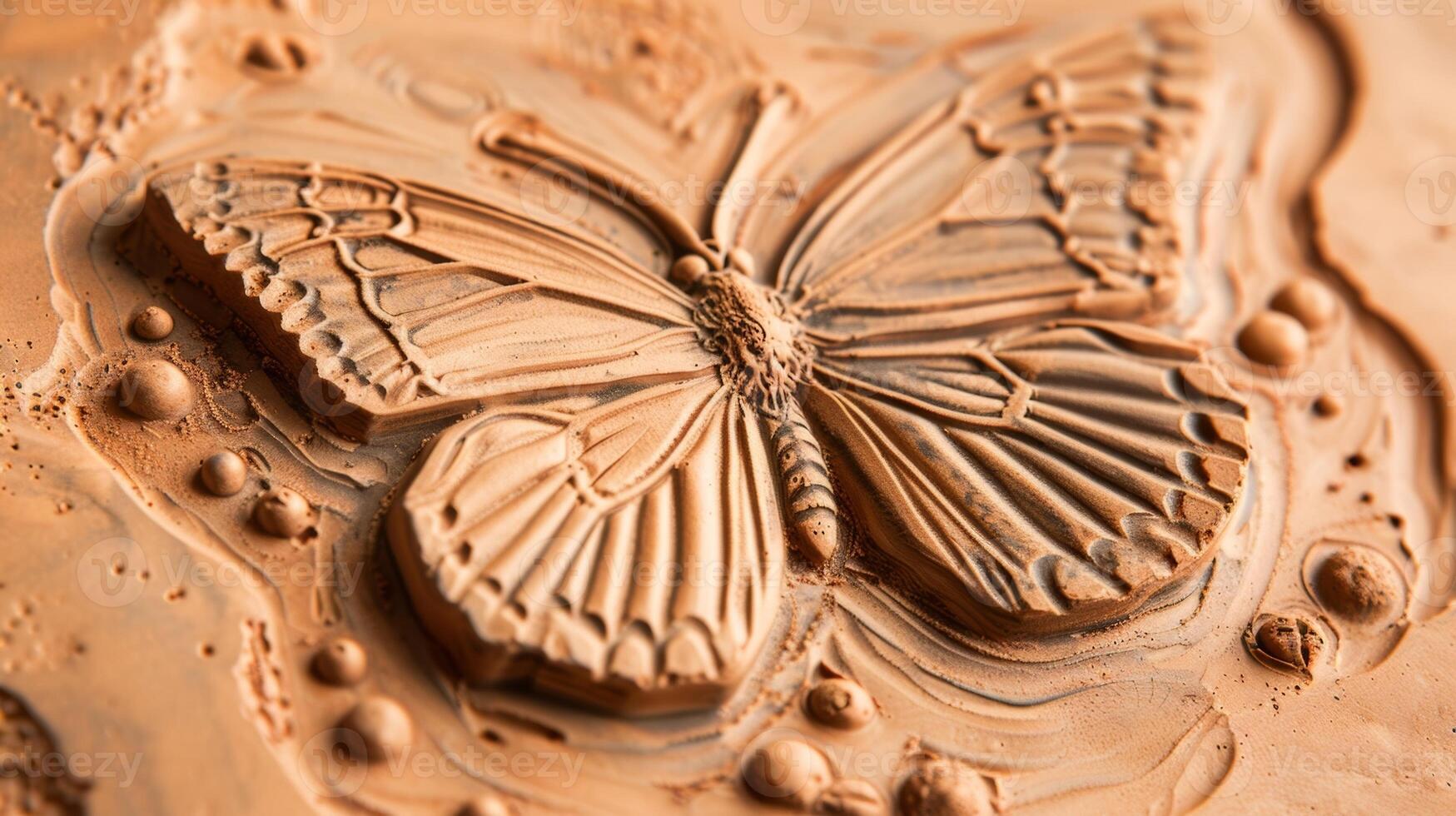 A macro image of a finished clay tile with an embossed butterfly demonstrating the level of detail that can be achieved with skilled embossing techniques. photo