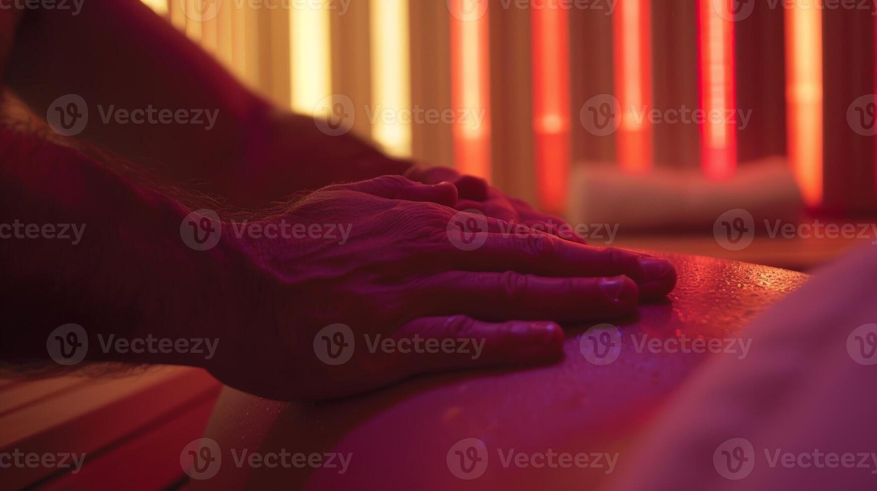 A persons fingers gently rub at a sore spot on their back as they sit in the infrared sauna. photo