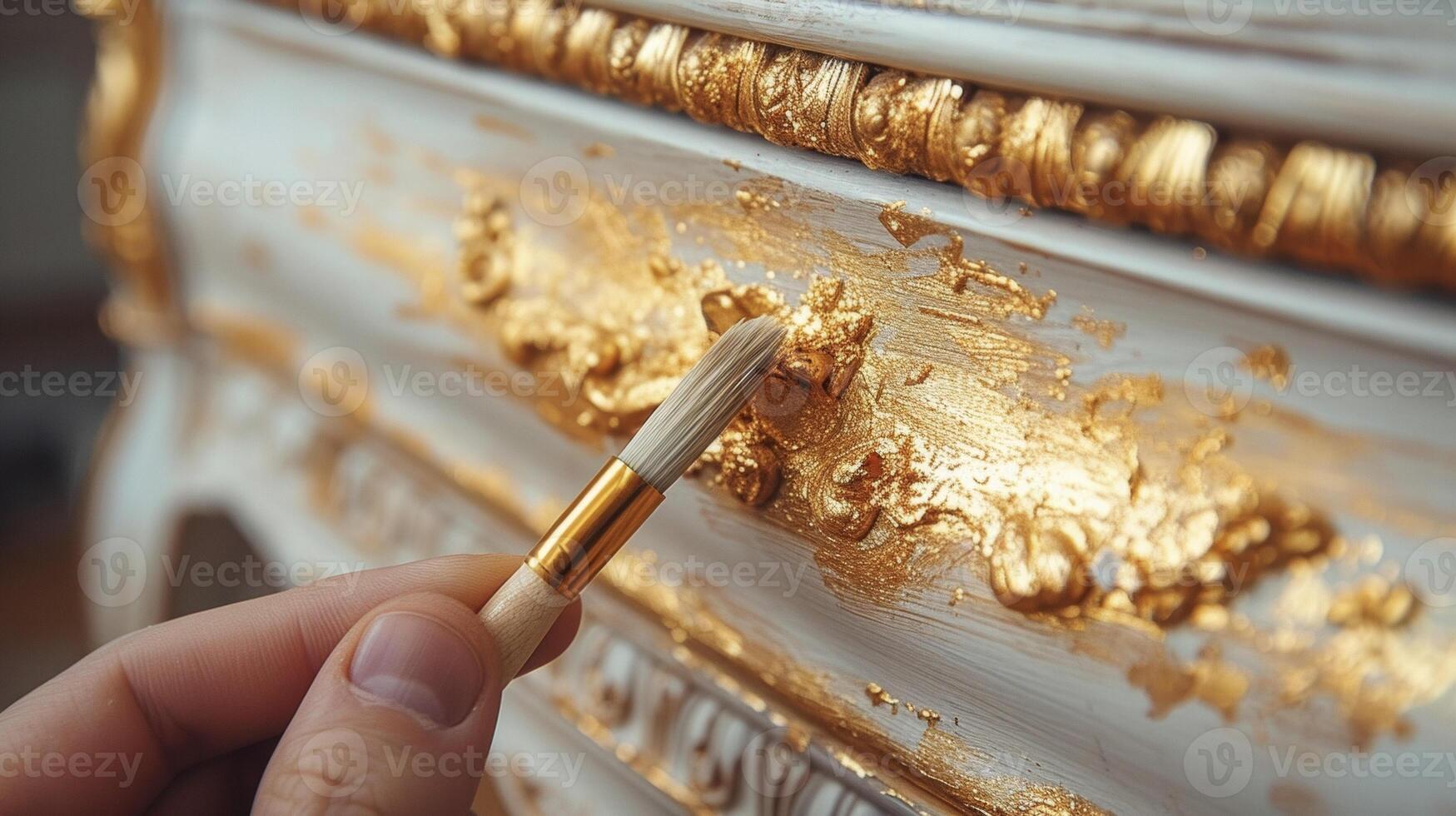 A detail shot of a painters hand holding a small brush carefully adding gold leaf accents to a plain white dresser transforming it into a luxurious and unique piece of furniture photo