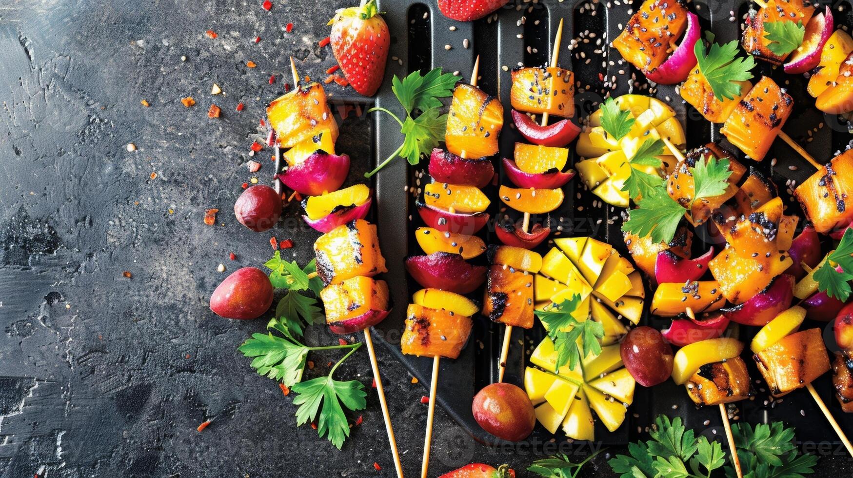 A photo of a portable grill with vibrant skewers of tropical fruits and kabobs along with a tip on how to create a portable and tasty fruit salad