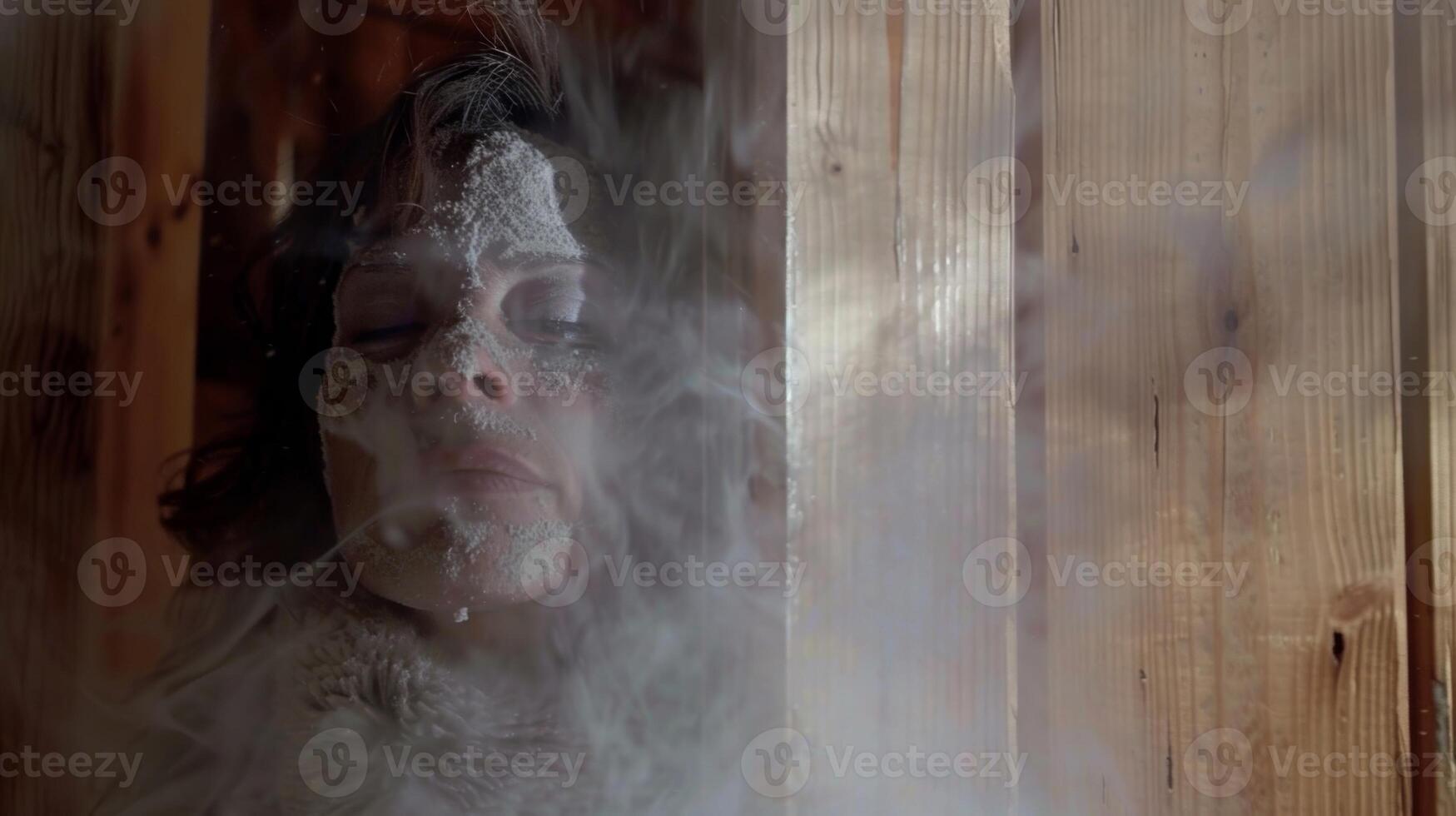 The sauna door swings open revealing a woman covered in moonstone dust part of her preparation for the full moon gathering in the sauna. photo