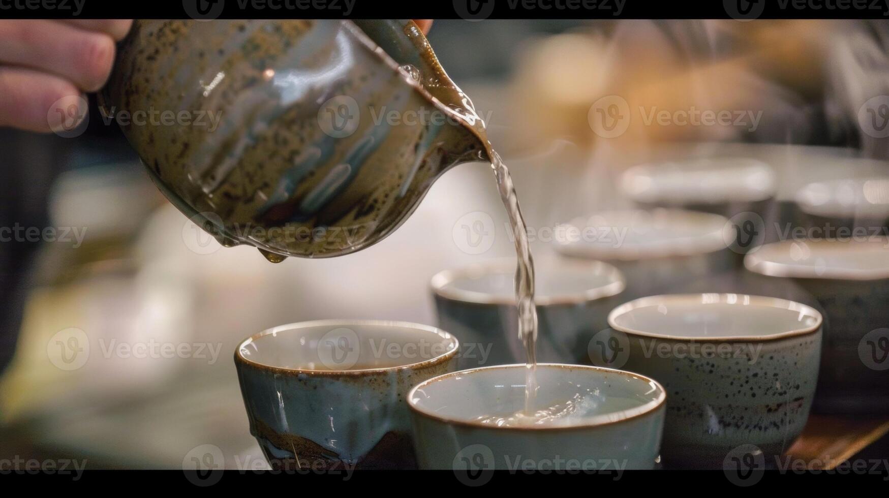 He carefully pours hot water into the cups each movement deliberate and intentional photo