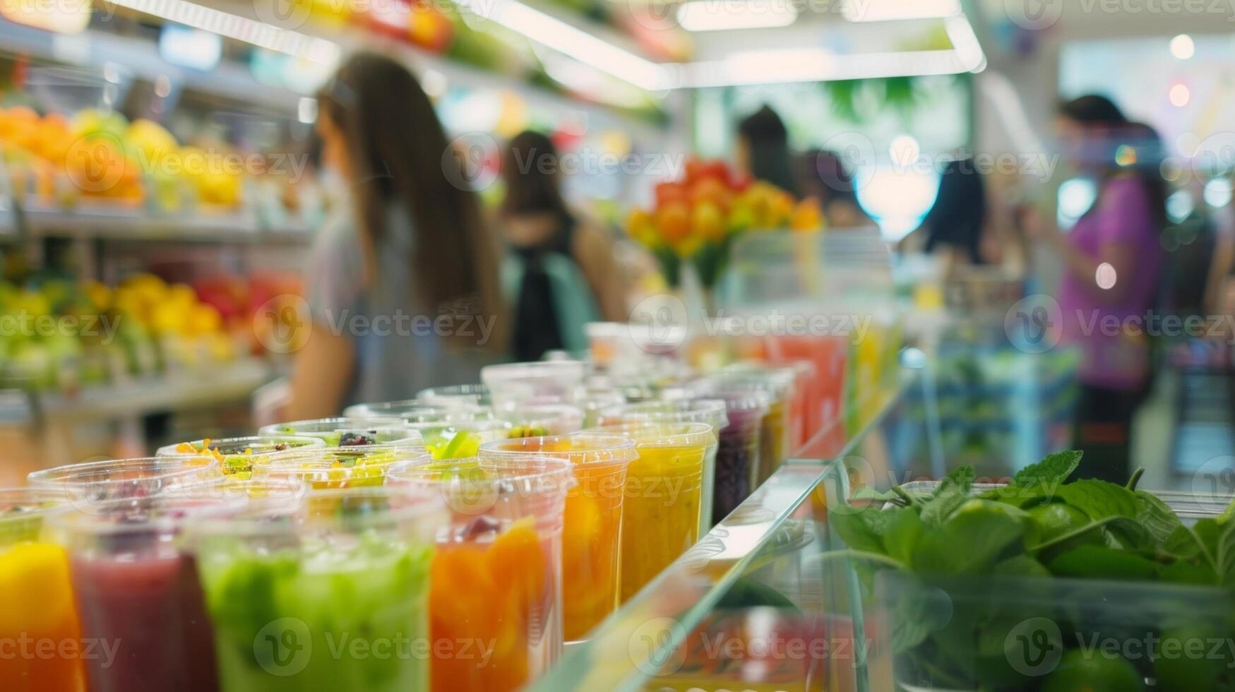 A group of people eagerly waiting in line to pick out their choice of ingredients for their smoothies photo