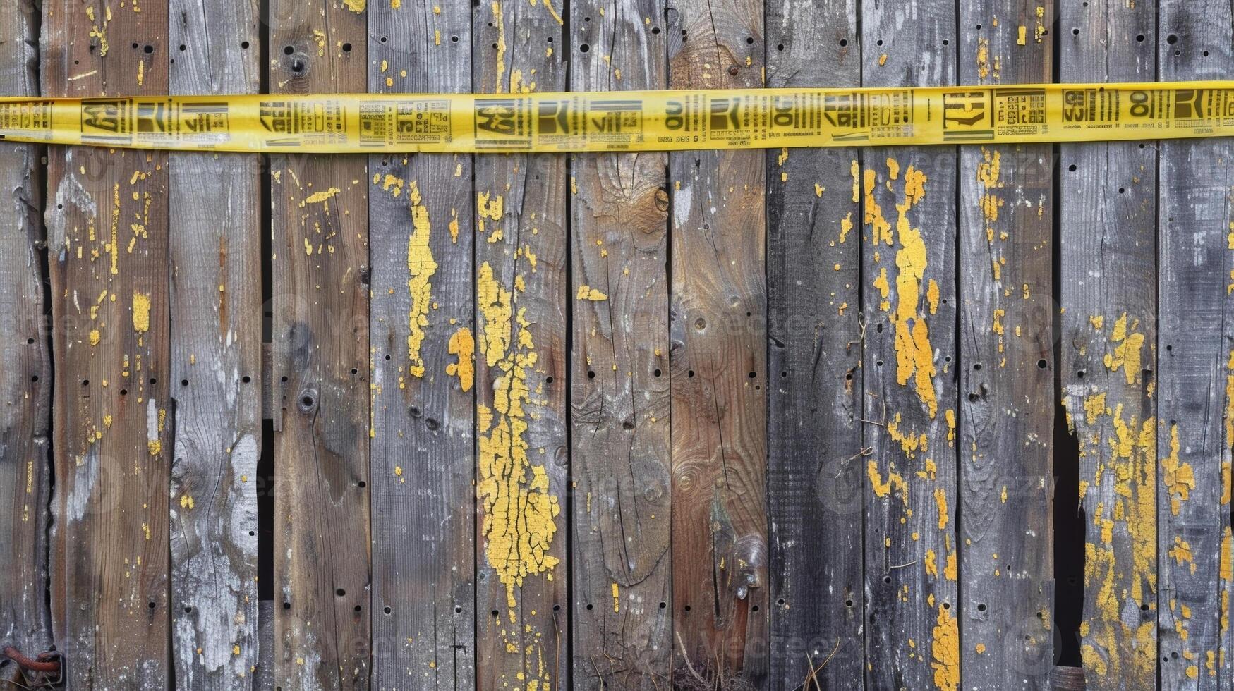 A weathered wooden fence adorned with caution tape and handwritten updates on the ongoing construction photo