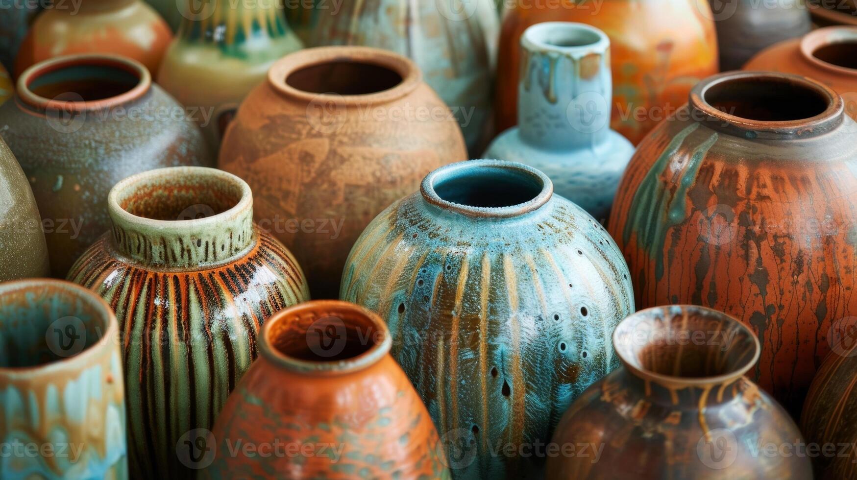 A group of finished pottery pieces displayed together each one showcasing a different glazing technique and reflecting the creativity and individuality of its maker. photo