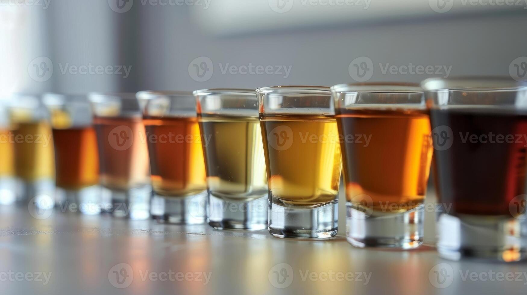 A flight of small glasses each containing a different type of nonalcoholic brew arranged in a row for easy comparison photo