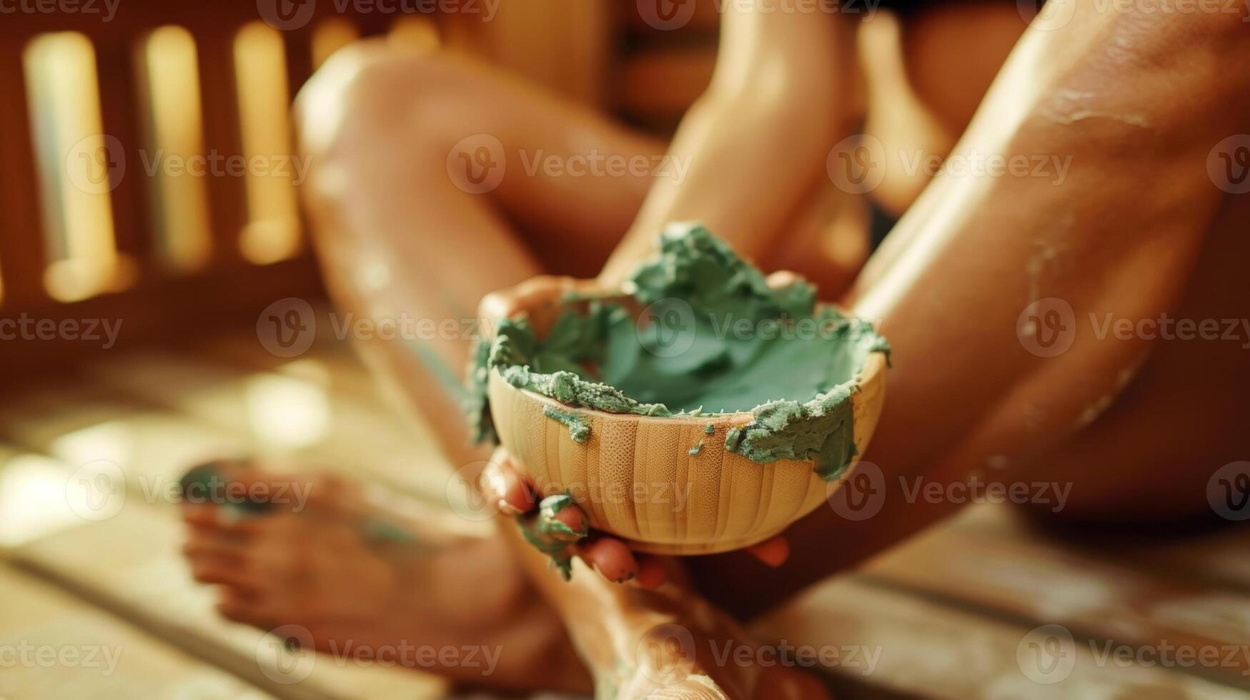 un persona sentado con las piernas cruzadas en un de madera sauna banco con un verde herbario pegar siendo aplicado a su piel por un experto el. foto