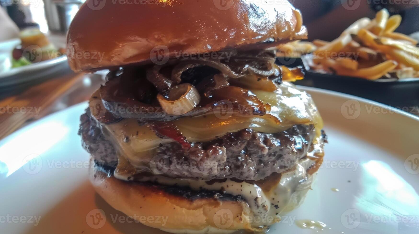 A gourmet burger piled high with caramelized onions avocado aioli and a dollop of black truffle mayo all served in a trendy burger joint photo